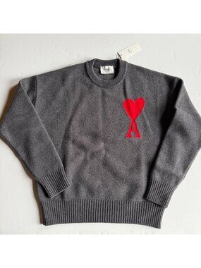 AMI Paris ADC Heart Logo Grey Crewneck Wool Sweater - Men's Medium